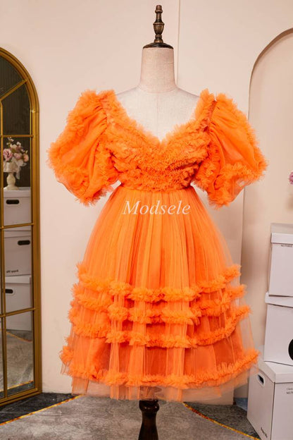 Orange Sweetheart Ruffle A-Line Short Dress with Puff Sleeves