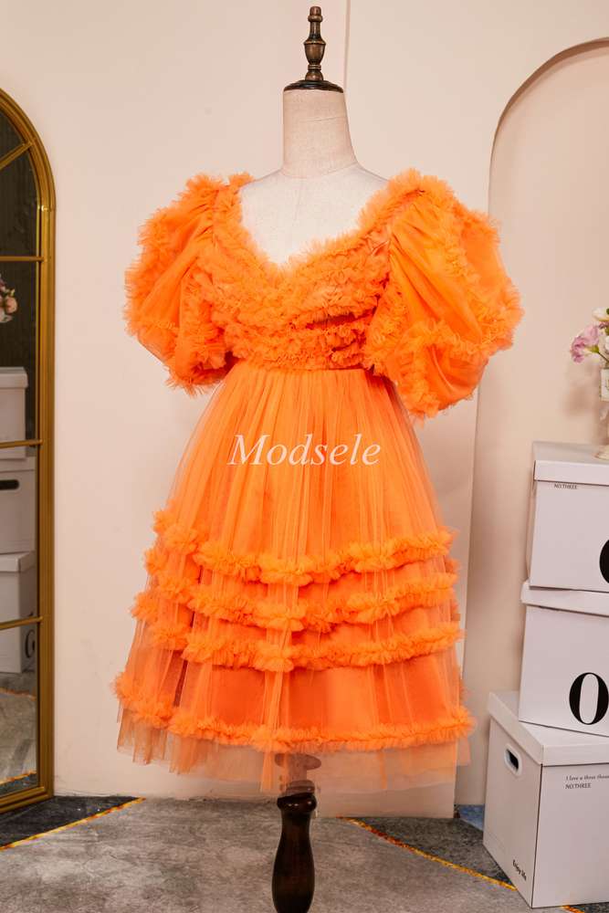 Orange Sweetheart Ruffle A-Line Short Dress with Puff Sleeves
