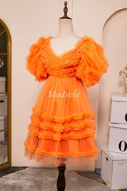 Orange Sweetheart Ruffle A-Line Short Dress with Puff Sleeves