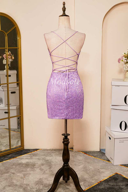 Lilac Sequin Lace-Up Fitted Short Homecoming Dress