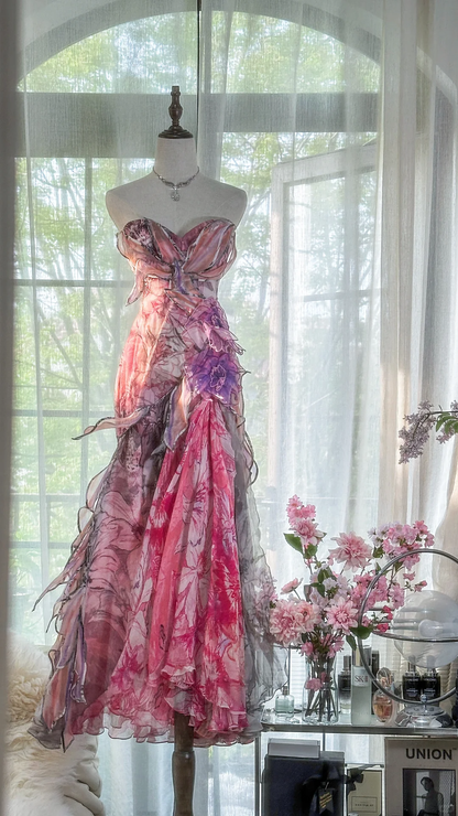 Vintage Floral Sweetheart Strapless Design A-line Romantic Chiffon Evening Dress Prom Dress HZ1024