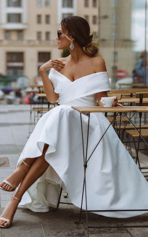 Aimishang Elegant A-Line Satin Tea Length White Off the Shoulder Wedding Dress
