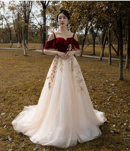 Vintage Red Straps Tulle Formal Dress, Elegant Applique Prom Dress C1683