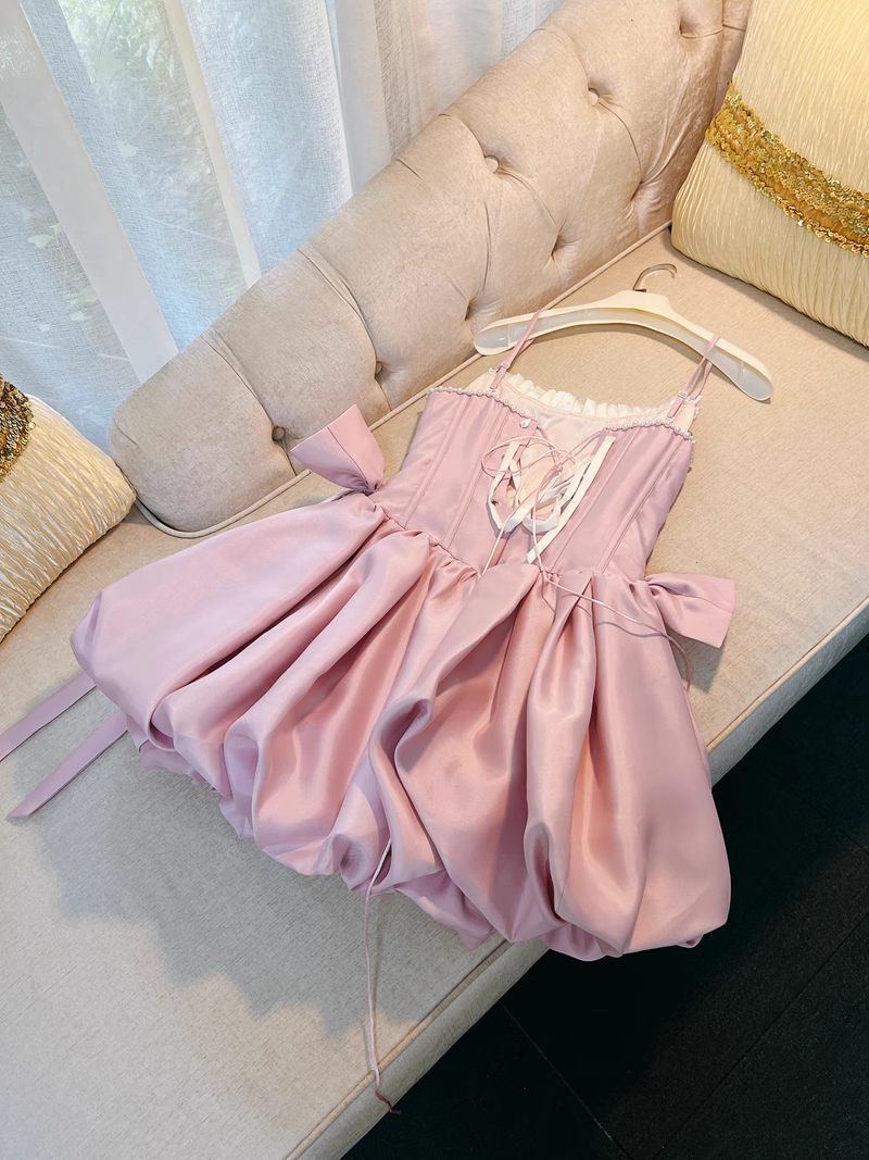 Chic Pink Spaghetti Strap Beading A-line V-neck Party Dresses Homecoming Dresses, HZ1024
