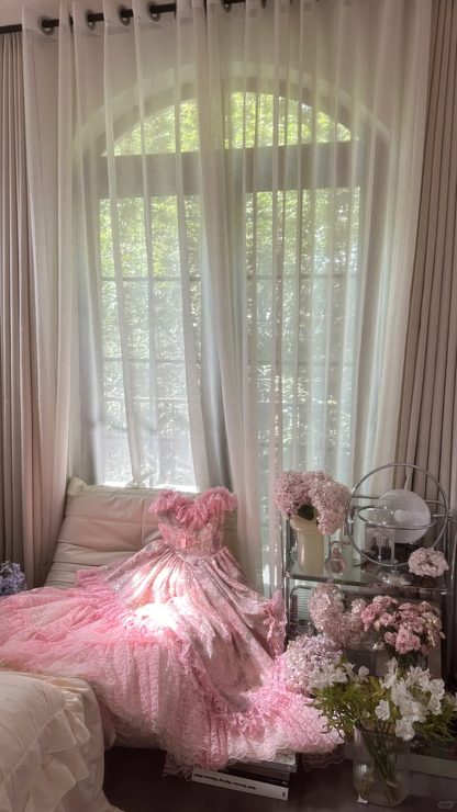 Pink sweet fashion elegant exquisite lace floral long tulle lace princess ball gown evening dress birthday dress adult ceremony dress gh4032