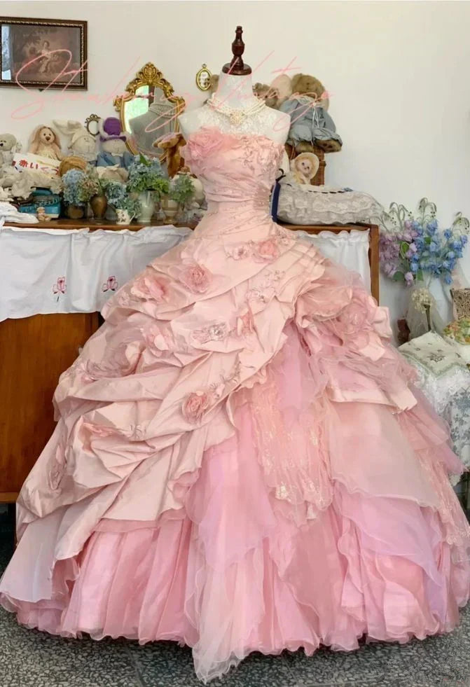 Elegant Pink 3D Flower Sweet 16 Quinceanera A-Line Floor-length Prom Dress Birthday Dress Evening Dress Ball Gown HZ1024