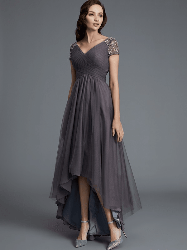 A-Line/Princess V-neck Short Sleeves Asymmetrical Tulle Mother of the Bride Dresses - RongMoon