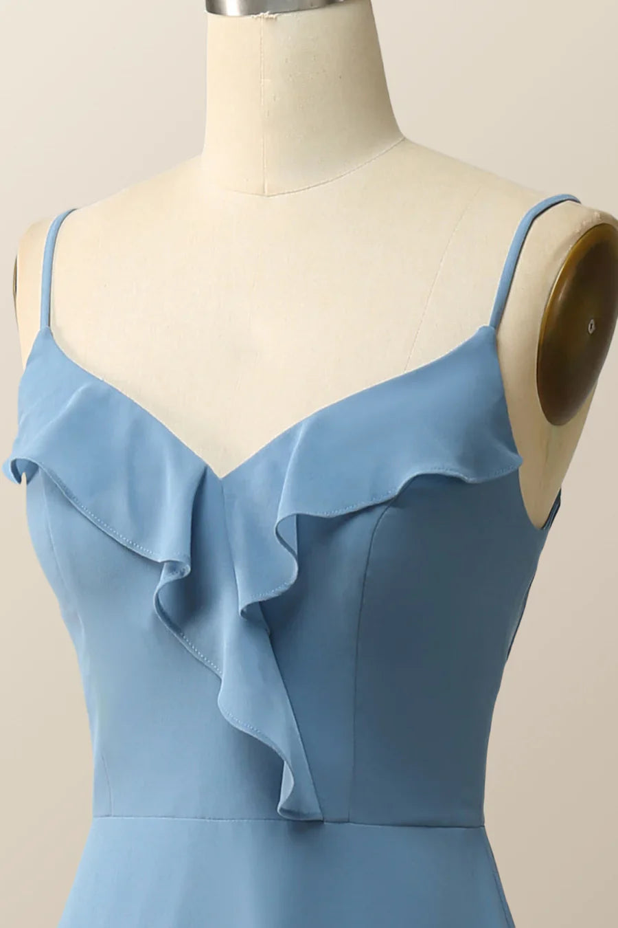 Blue Straps Ruffle Chiffon Long Bridesmaid Dress