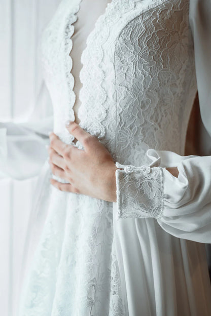 Long Sleeve Wedding Dress Chiffon and Lace Wedding Dress Plunging Neckline Wedding Dress