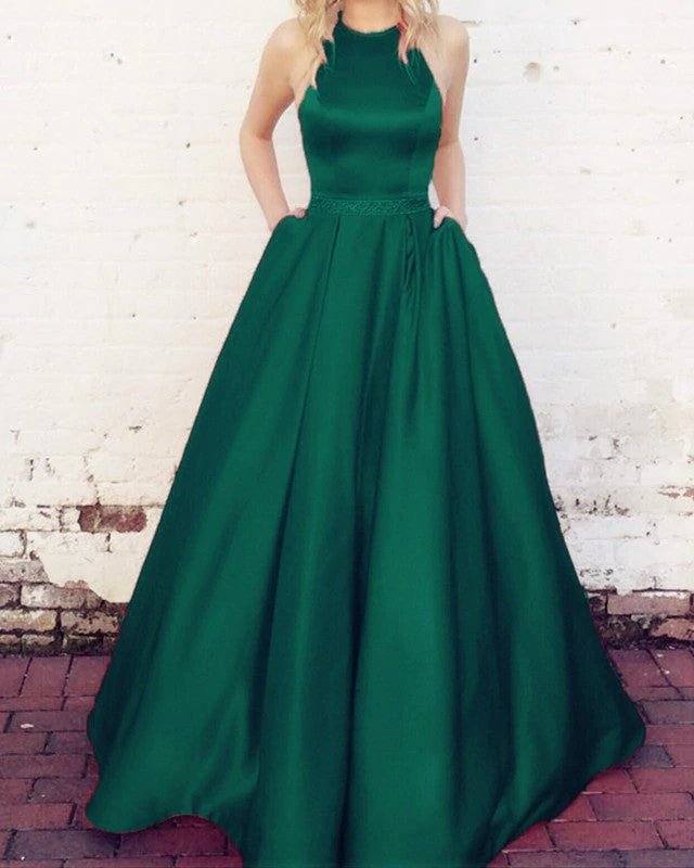 halter long satin ball gowns prom dresses open back - RongMoon