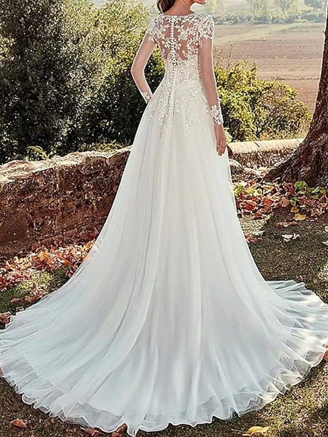 A-Line Wedding Dresses Bateau Neck Sweep / Brush Train Tulle Long Sleeve Formal Illusion Sleeve with Lace Insert - RongMoon