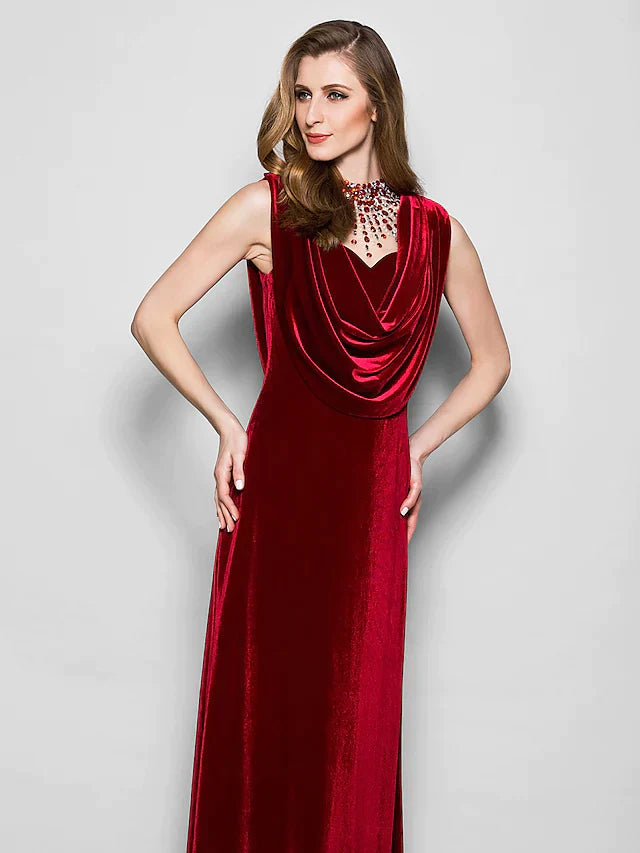 Mother of the Bride Dress Cowl Neck Floor Length Velvet Sleeveless with Crystals Beading