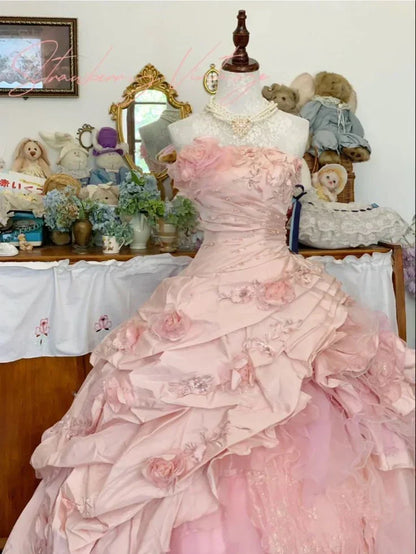 Elegant Pink 3D Flower Sweet 16 Quinceanera A-Line Floor-length Prom Dress Birthday Dress Evening Dress Ball Gown HZ1024