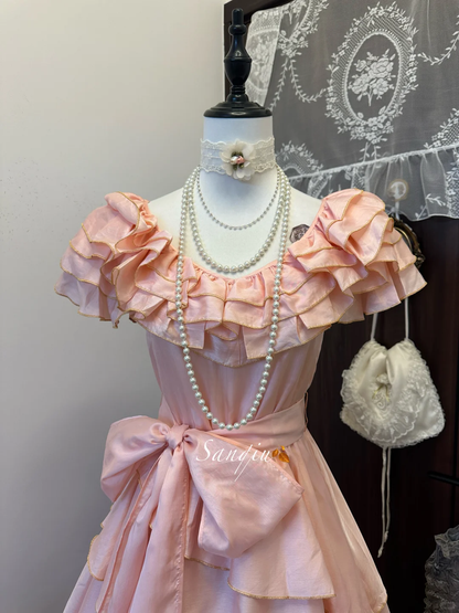 Vintage Pink Chiffon Evening Dress A-Line Ruffled Tiered Long Prom Dress HZ1024