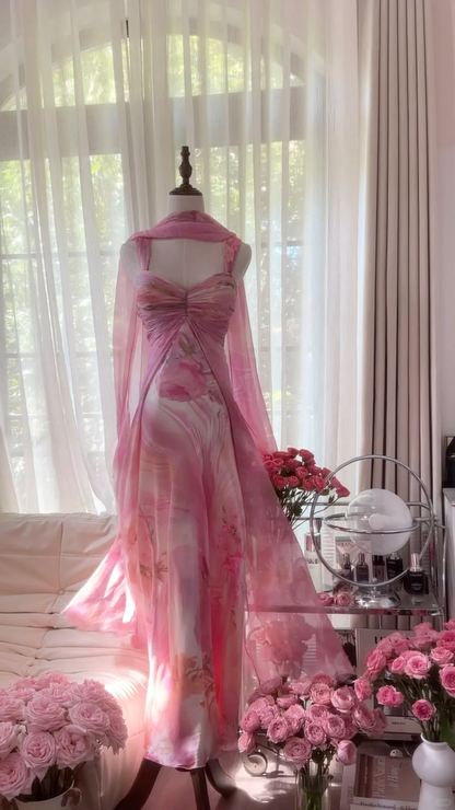 Retro Pink Sweetheart Floral Elegant Design A-line Romantic Chiffon Evening Dress Prom Dress HZ1024