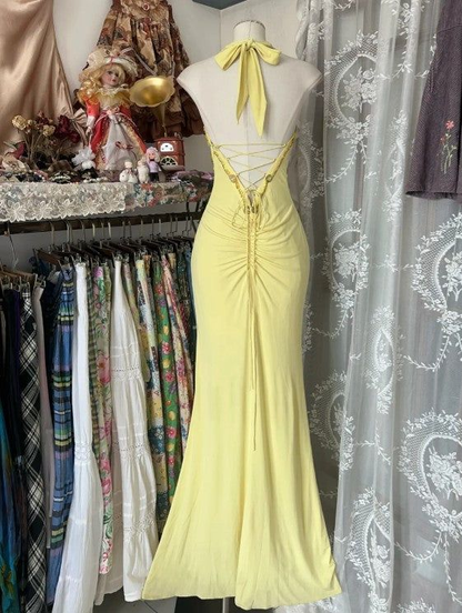 Elegant Yellow Halter Satin Beaded Sequins Evening Dress,Long Mermaid Party Prom Dress cc2999