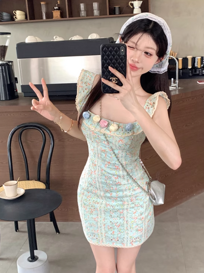 New Fashion 3D Flowers Design A-line Square Collar Floral Dress HZ1024