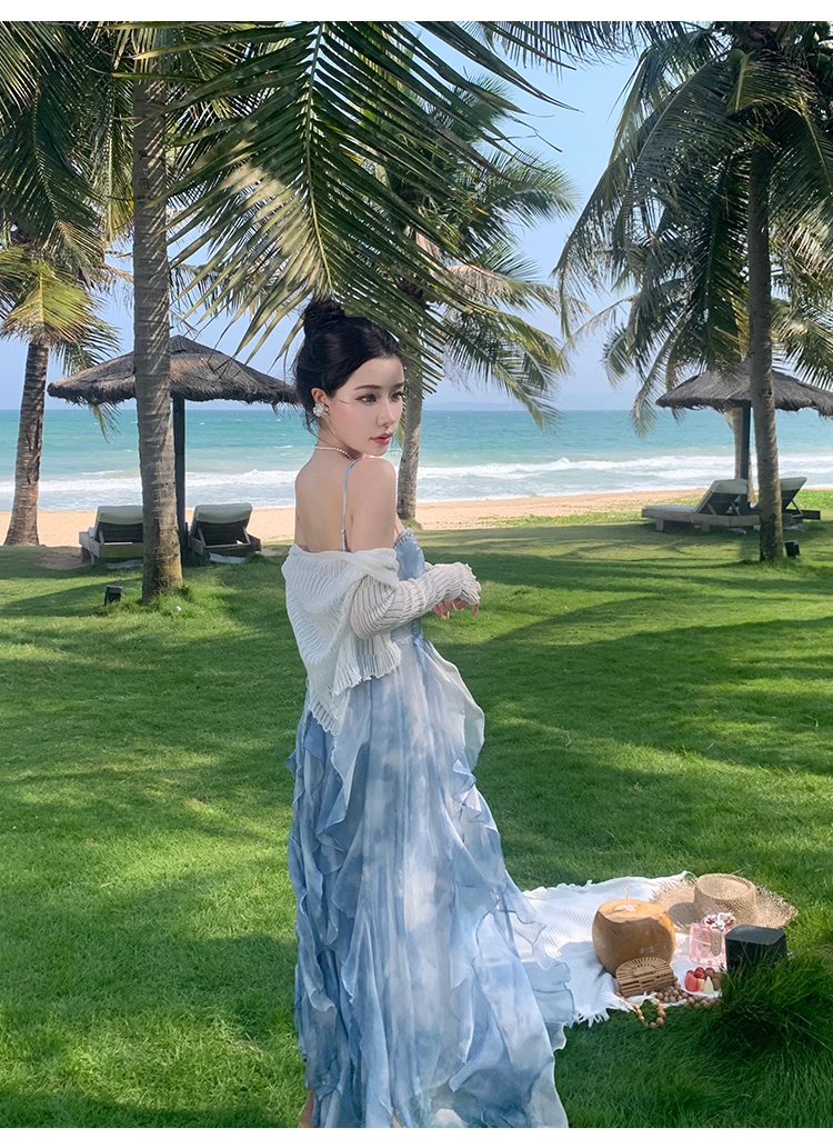 Simple Elegant Blue Floral Design Beach Holiday Spaghetti Strap Dress HZ1024