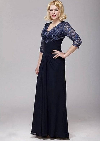 Navy Blue Mother Of The Bride Dresses A-line V-neck 3/4 Sleeves Chiffon Lace Beaded Groom Long Mother Dresses For Wedding - RongMoon