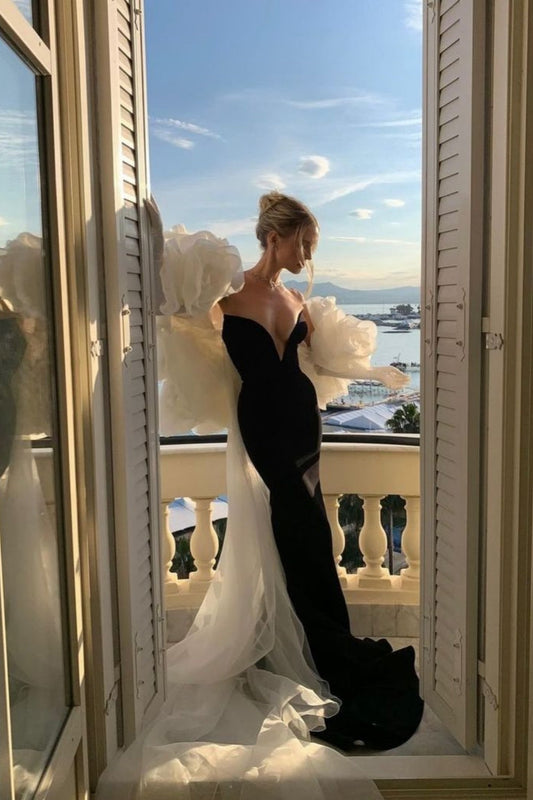 Luxury Edgy Contrast Color Style Strapless Gown | Black-White 3D Tulle Sleeve Mermaid Train Maxi Dress for Gala Red Carpet High-End Social Event gh6440