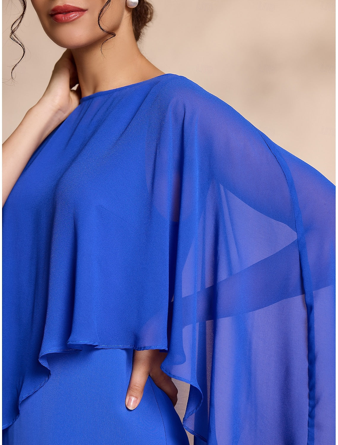 Aimishang Elegant Blue Chiffon Causal Round Sleeve 2 Piece Midi Mother of the Bride Dress