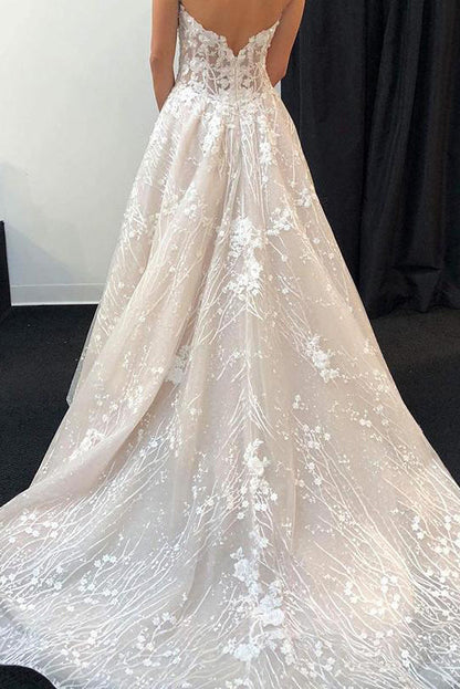 Long Sweetheart A-line Ivory Bridal Dress with Lace Appliques