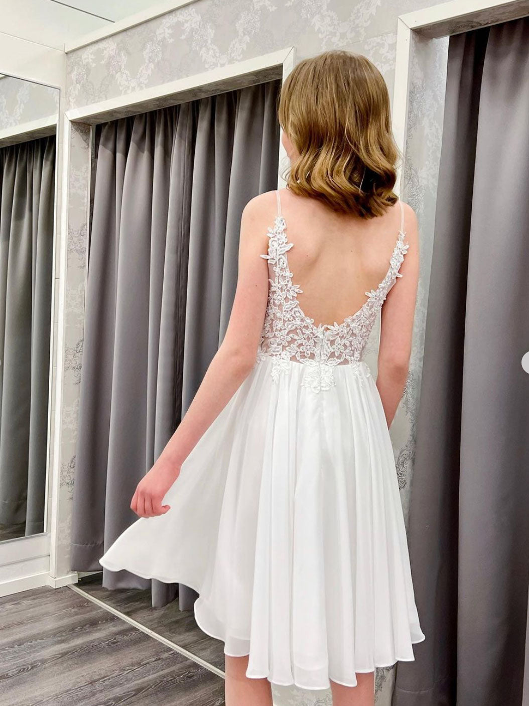 White chiffon lace short prom dress, whit homecoming dress