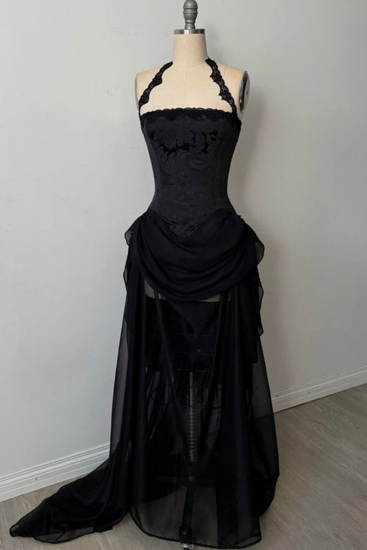 Black Vintage-Style Delicate Lace Long Evening Dress gh6881