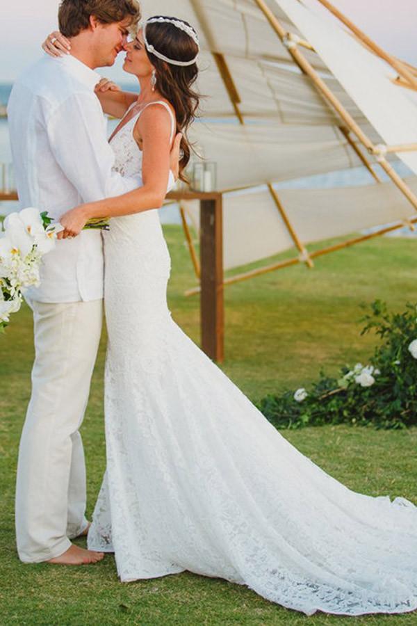 Mermaid Deep V-Neck Appliques Backless Beach Lace Bohemian Wedding Dresses
