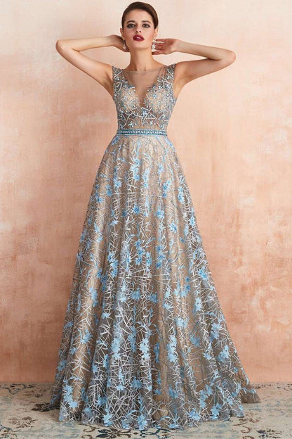 Ice Blue Beaded Applique Tulle A-line Prom Gown