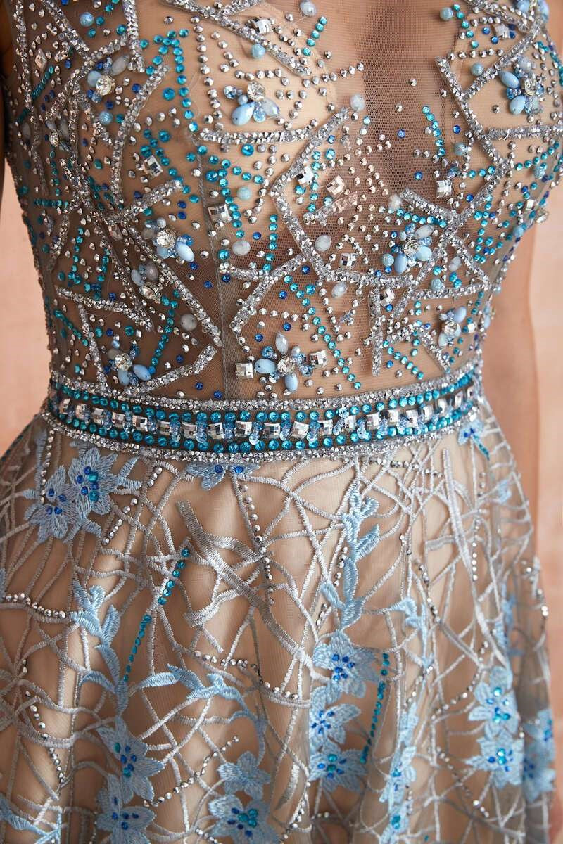 Ice Blue Beaded Applique Tulle A-line Prom Gown