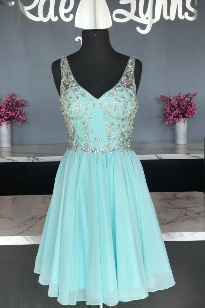 Green chiffon beads short prom dress green homecoming dress