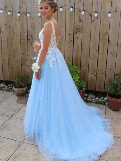 A-Line/Princess V-neck Sleeveless Sweep/Brush Train Applique Tulle Dresses - RongMoon