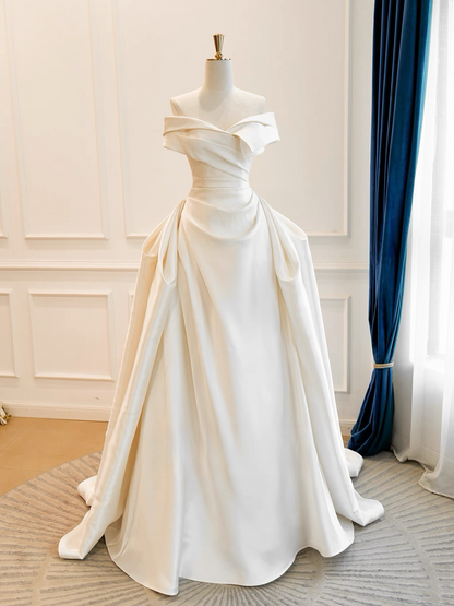 A-Line Off Shoulder Satin ivory Long Prom Dress, ivory Formal Dress
