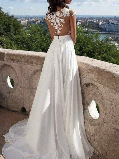 A-Line/Princess Short Sleeves Scoop Sweep/Brush Train Applique Chiffon Dresses - RongMoon