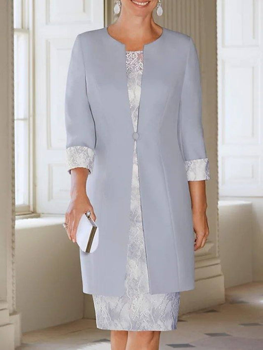 Sheath / Column Mother of the Bride Dress Elegant Jewel Neck Knee Length Lace 3/4 Length Sleeve with Appliques - RongMoon