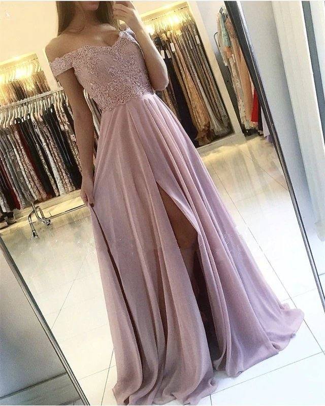 Lace Appliques Off Shoulder Long Chiffon Bridesmaid Dresses - RongMoon
