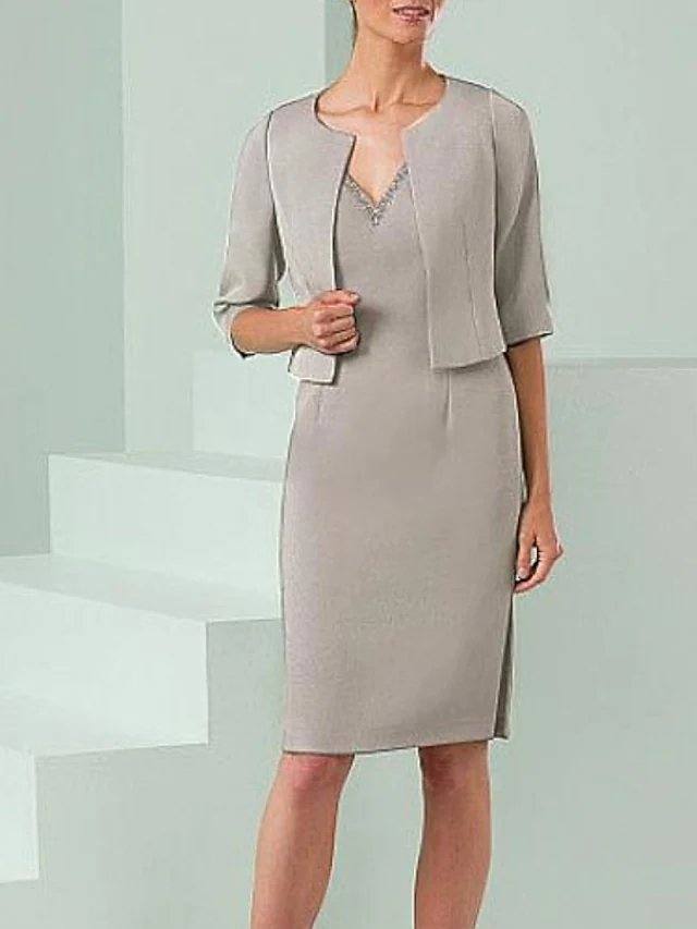 Two Piece Sheath / Column Mother of the Bride Dress Elegant V Neck Knee Length Stretch Satin 3/4 Length Sleeve with Color Block - RongMoon