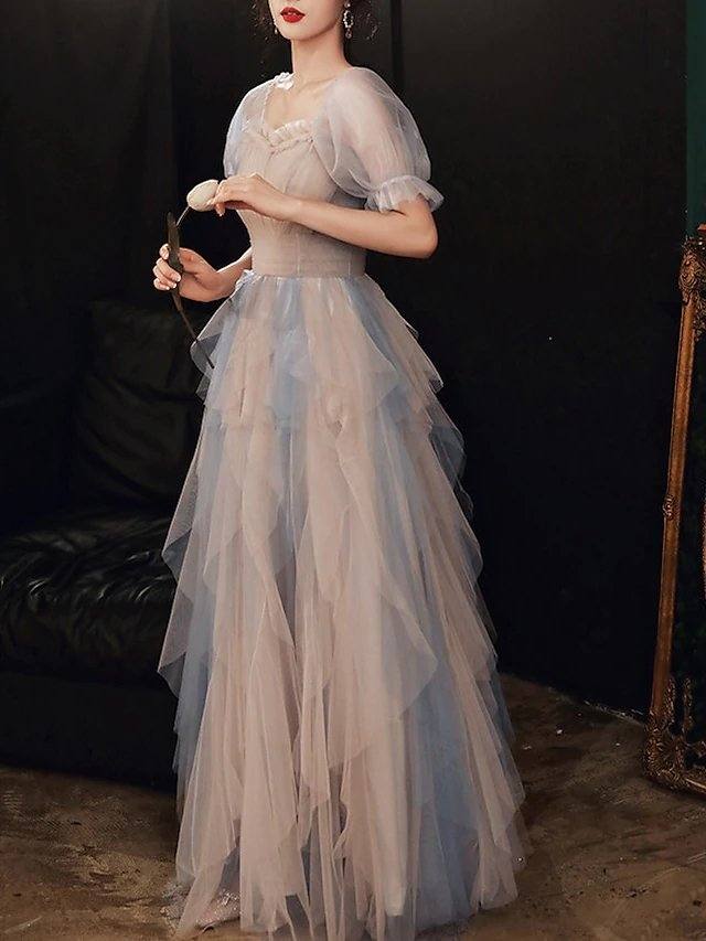 A-Line Color Block Elegant Wedding Guest Prom Dress Scoop Neck Half Sleeve Floor Length Tulle with Pleats Ruffles - RongMoon