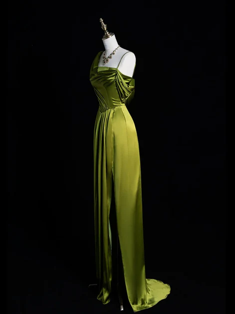 Lovely Green Satin One Shoulder Prom Dress A-line Slit Party Dress cc2189