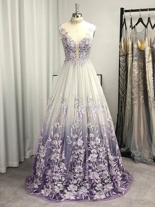 A-Line/Princess V-neck Tulle Applique Sleeveless Floor-Length Dresses - RongMoon