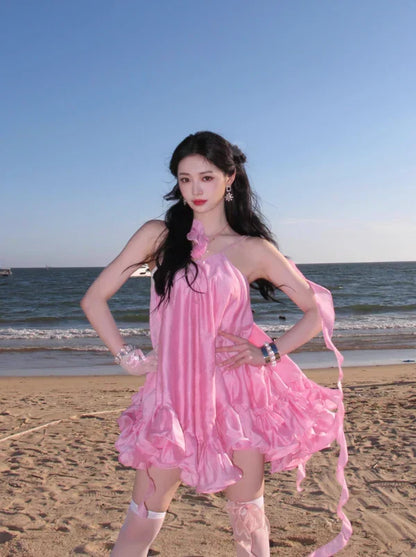 Cute Pink Ruffle Short A-Line Satin Party Dress Cocktail Dress Homecoming Dress HZ1024