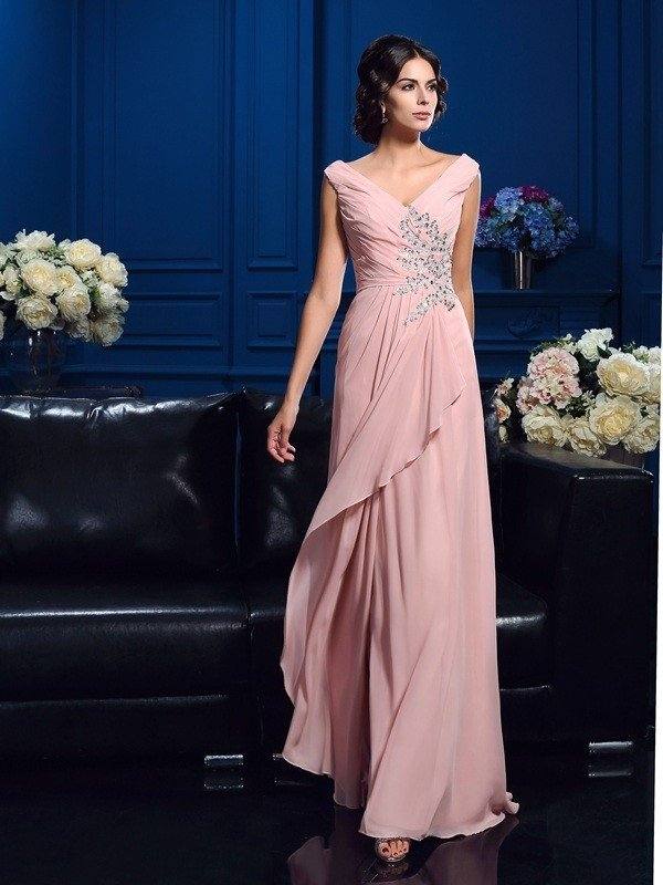 A-Line/Princess V-neck Beading Sleeveless Long Chiffon Mother of the Bride Dresses - RongMoon