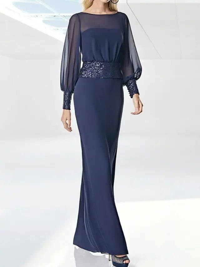 Sheath / Column Glittering Minimalist Wedding Guest Formal Evening Dress Illusion Neck Long Sleeve Floor Length Chiffon Sequined with Sequin - RongMoon