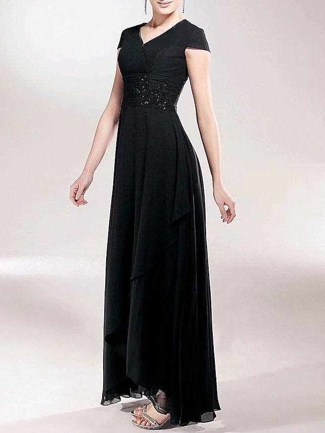 Sheath / Column Mother of the Bride Dress Little Black Dress V Neck Asymmetrical Chiffon Short Sleeve with Ruched Beading Appliques - RongMoon
