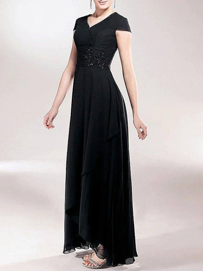Sheath / Column Mother of the Bride Dress Little Black Dress V Neck Asymmetrical Chiffon Short Sleeve with Ruched Beading Appliques - RongMoon