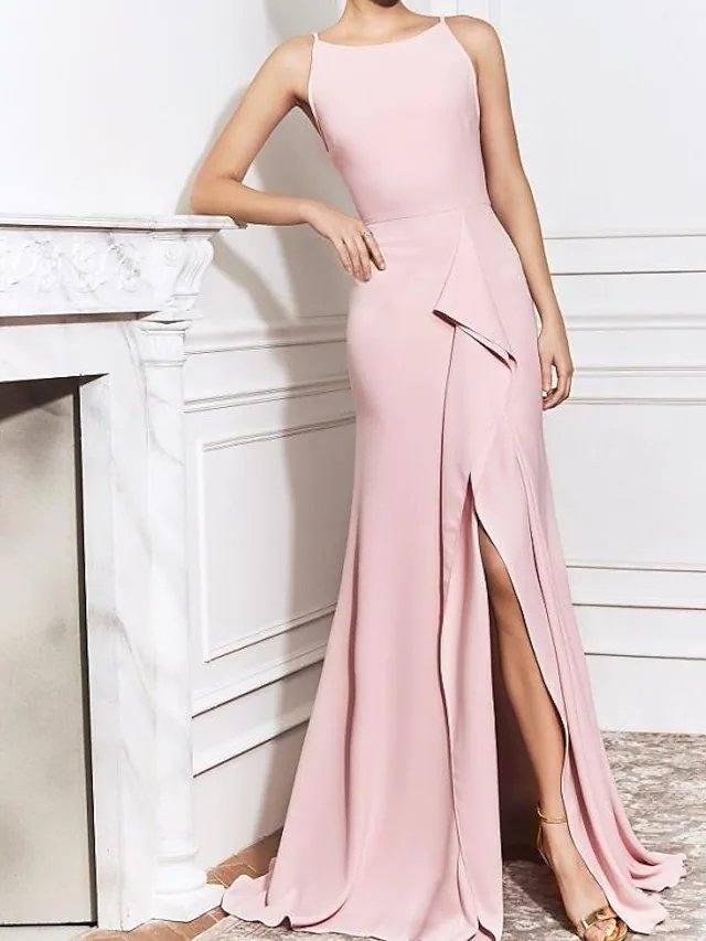 Sheath / Column Elegant Wedding Guest Formal Evening Dress Boat Neck Sleeveless Sweep / Brush Train Polyester with Split - RongMoon