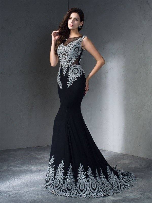 Trumpet/Mermaid Scoop Applique Sleeveless Long Chiffon Dresses - RongMoon