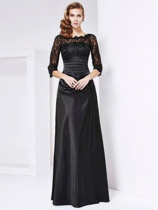 Sheath/Column Off the Shoulder 3/4 Sleeves Lace Long Elastic Woven Satin Mother of the Bride Dresses - RongMoon