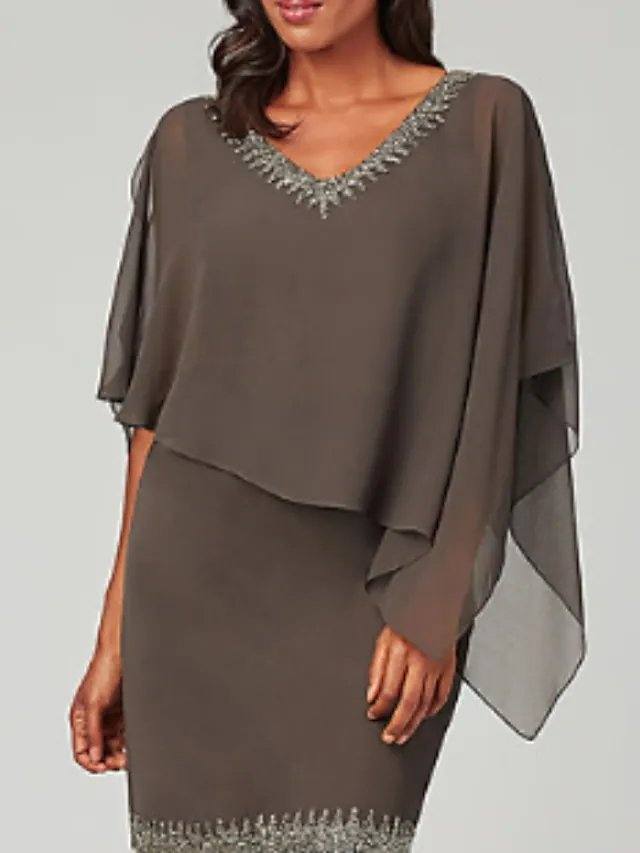 Sheath / Column Mother of the Bride Dress Plus Size Jewel Neck Short / Mini Chiffon 3/4 Length Sleeve with Beading Ruffles Tier - RongMoon